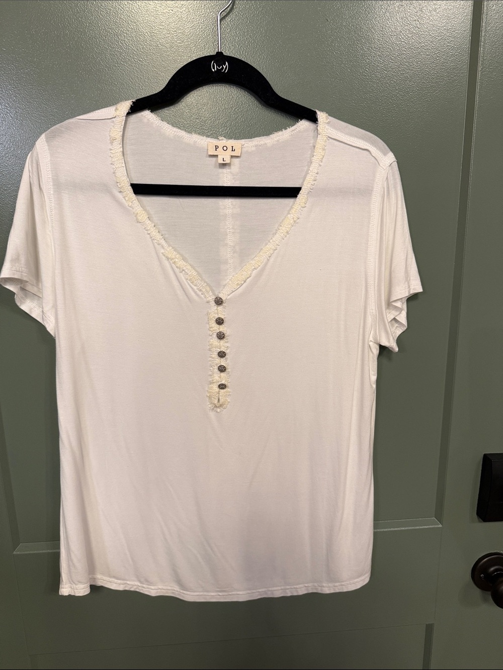 POL White Short Sleeve V-Neck Top with Button Placket